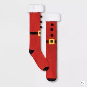 NWT Women's Santa Holiday Striped Knee High Socks with Poms and Faux Fur Cuff